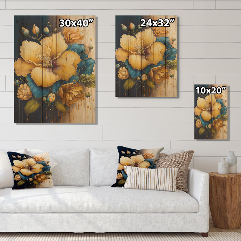 Orange et bleu Hibiscus Bunch I - impression sans cadre sur bois, H 40 po x l 30 po x P 1,5 po