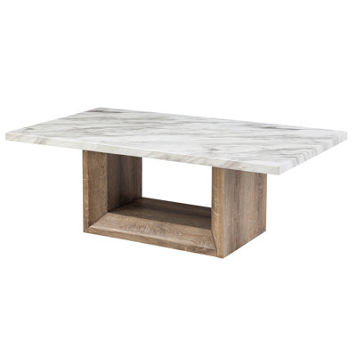 Contemporary Marble Coffee Table, Rectangular Shape, Brown Wood Pedestal, Black Nuance Modern Table With Marble, Pedestal Base, Colours