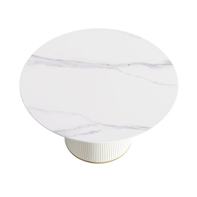 Table de salle à manger 53,15 po en pierre artificielle blanche ronde ronde avec base en contreplaqué beige et polyuréthane pouvant accueillir 6 personnes (sans les chaises)