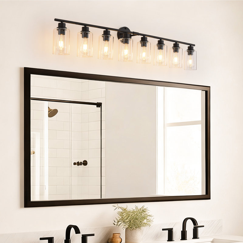 8-Light Bathroom Light Fixtures, Black Modern Vanity Lights Over Mirror With Clear Glass Shade, Bathroom Wall Lamp For Mirror Kitchen Hallway Cabinet Porch Reading Room