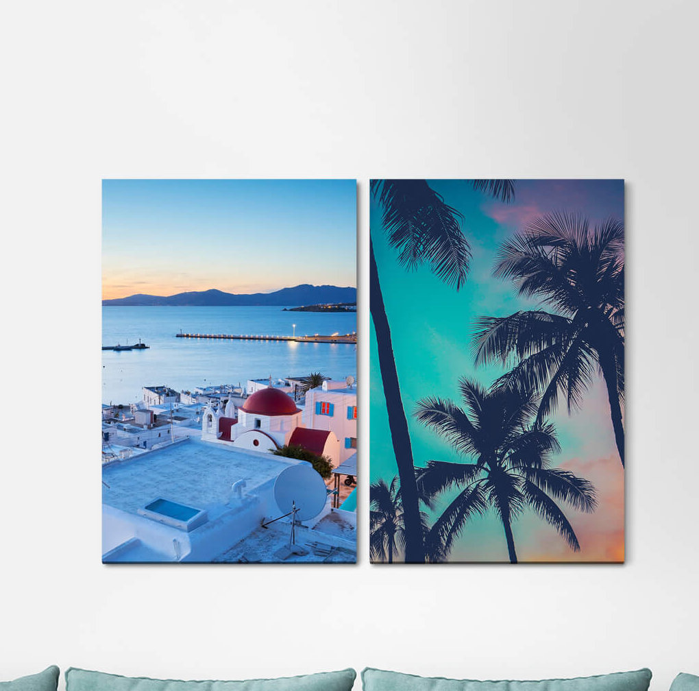 2-tlg. Leinwandbilder-Set - Fotografie „Palm Trees Greece Santorini Mediterranean Summer Vacation Dusk Twilight”