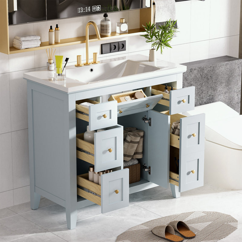Ensemble de meuble-lavabo Bathroon avec lavabo en résine, 6 tiroirs et 2 armoires, Bleu clair