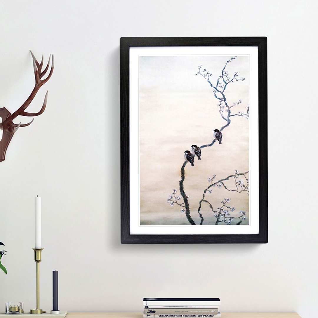 Three Birds on a Branch by Hishida Shunso - Framed Print