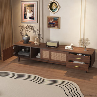 Mid Century Modern TV Stand with Sliding Doors and Drawers for 80" TVs