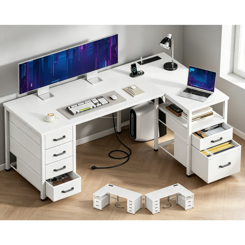 140 x 80 cm L-Shaped Computer Desk with 6 Drawers &amp; Power Outlet, Reversible Corner PC Desk with File Storage, Home Office Workstation for Study, Bedroom &amp; Small Spaces, White