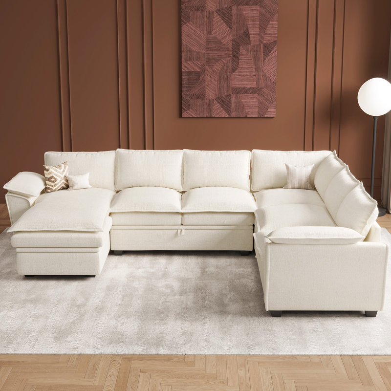 U-Shaped Sectional Storage Sofa With Chaise, Fabric Couch For Living Room, Beige Chenille