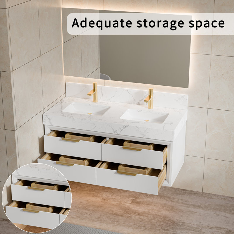 48" Wall-Mounted Double Sink Bathroom Vanity With White Stone Countertop, LED Light & 6 Soft-Close Drawers, Modern Design