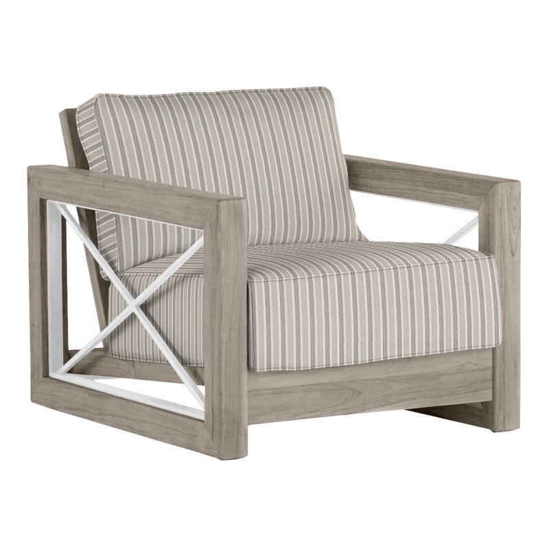 Malta Teak Outdoor Lounge Chair, Oyster Teak/Brushed Stainless, Welt + Standard fill, Perigold Piccadilly Stripe Ash