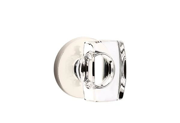 Ensemble de mortaise intérieure Emtek avec rosette à disque et bouton en verre Windsor (droite), Nickel poli