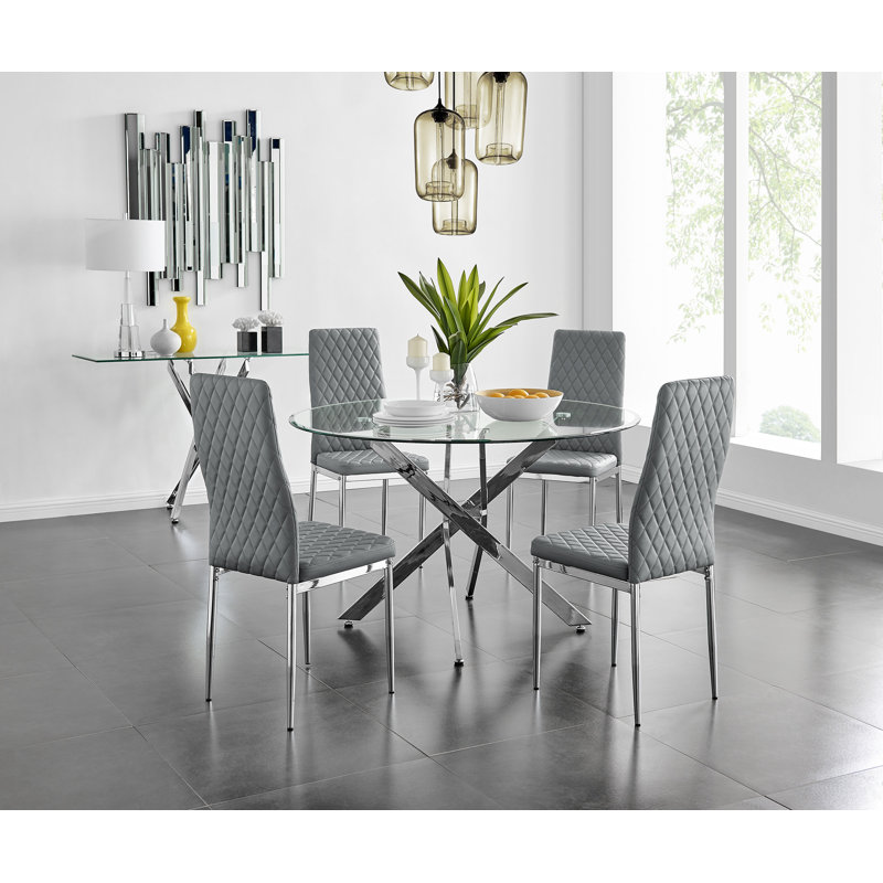 Tierra Sleek Metal and Glass Round Dining Table Set with Faux Leather Upholstered Dining Chairs, Grey/Silver, 4