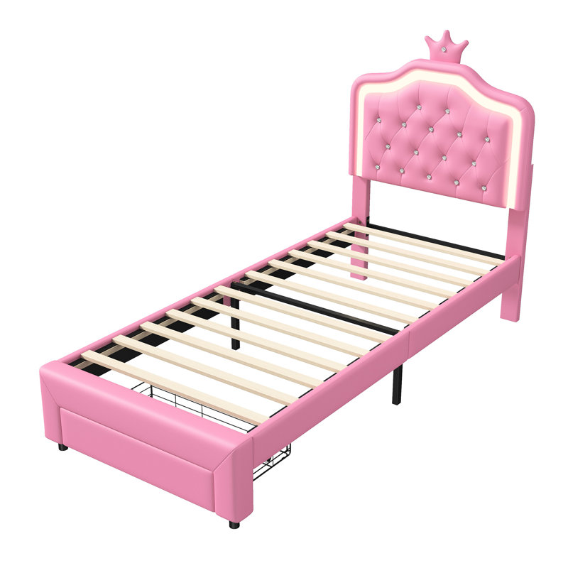 UK & EU Single Princess Bed With LED Crown Headboard & Storage Drawer, Pink & White Faux Leather, Single (3'), Pink