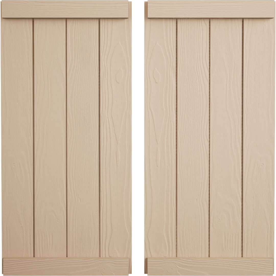 Rustic Four Board Joined Board-n-Batten Faux Wood Shutters w/End Batten (Per Pair) Ekena Millwork 