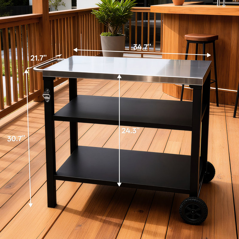 Chariot de barbecue extérieur à 3 niveaux avec surface en acier inoxydable, roues de table de préparation barbecue, barre de service roulante pour patio et cour arrière, support de four à pizza en noir, construction, grand rangement, stable