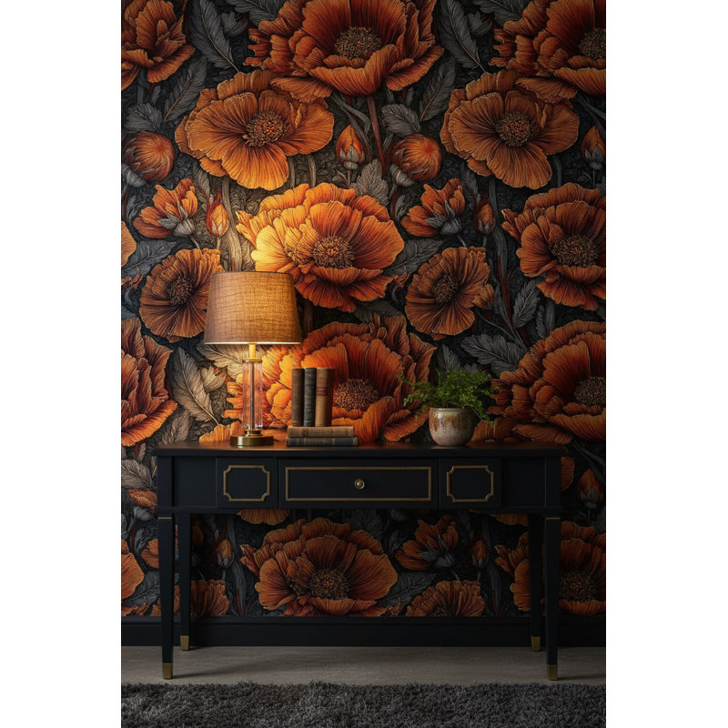 Floral Wallpaper Orange Dark Decorative Mural