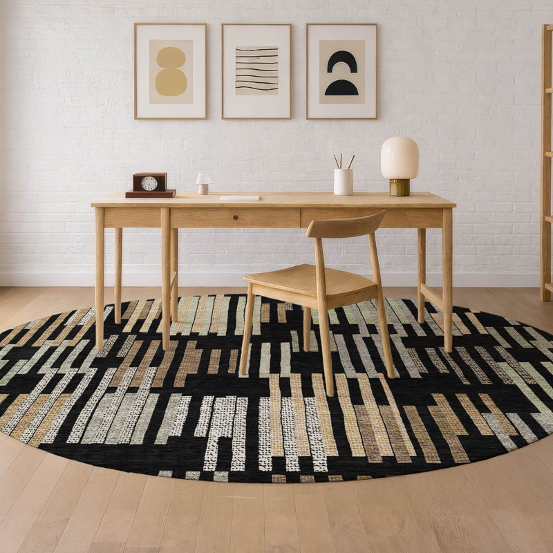 Machine Washable Indoor/Outdoor Chantille ACN2598 Stripes Rug, 8' Round, Black