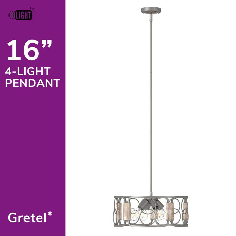 Modern Farmhouse Brushed Silver Gray and Distressed Wood Grain Drum Chandelier
