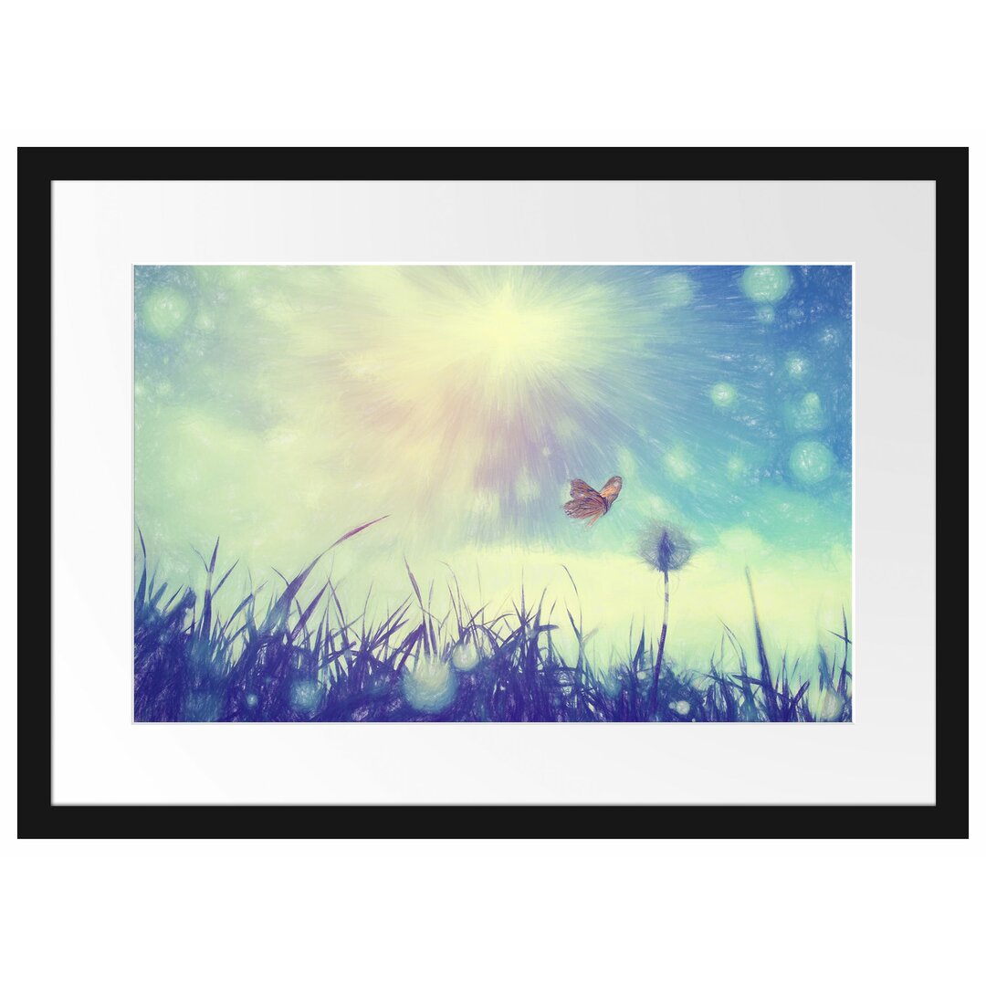 Gerahmtes Poster Schmetterling fliegt zu Pusteblume