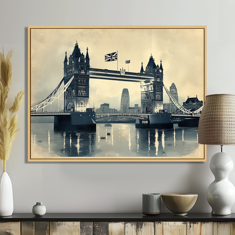 Art mural rétro, lumières de pont de la tour à Londres, Royaume-Uni II, H 12 po x l 20 po, Cadre flottant, Brun