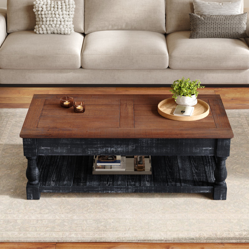 Table basse à plateau relevable avec compartiments de rangement cachés et tablette inférieure Rylorix