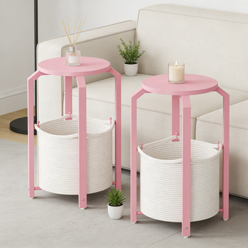 Table d'appoint ronde avec panier de rangement, ensemble de 2 petites tables de bout pour le salon ou la chambre à coucher, table de chevet robuste avec assemblage facile