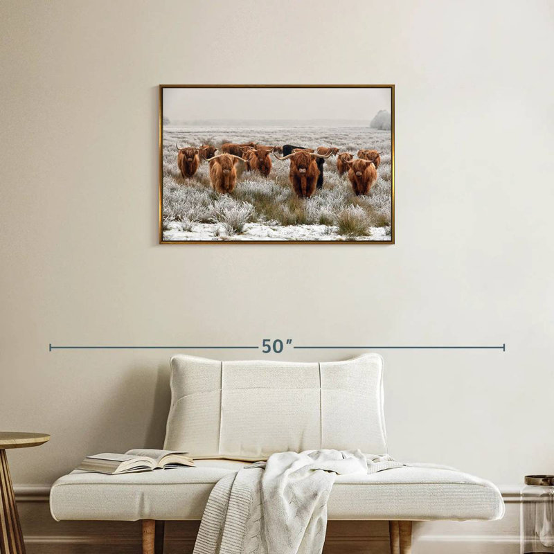 Winter Highland Cows, Cadre flottant doré, 31 po x 21 po