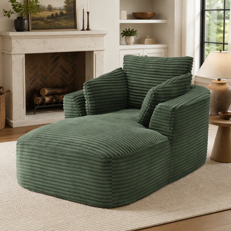 Chaise longue surdimensionnée en velours côtelé avec coussin à ressorts, aucun assemblage requis pour un confort optimal à l'intérieur