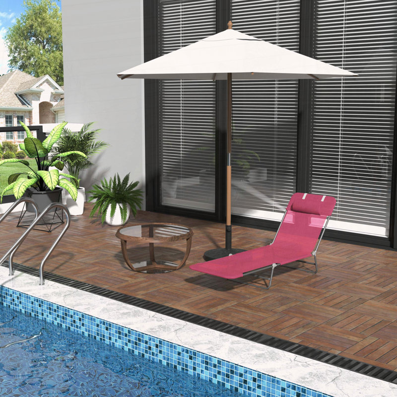 Folding Chaise Lounge Chair with 5-Position Reclining and Mesh Seat, Pink