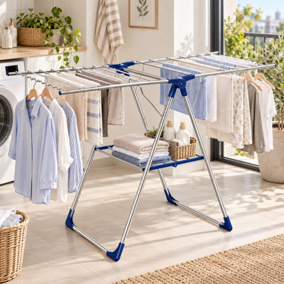Foldable Clothes Drying Rack with Adjustable Wings, Metal Laundry Dryer Stand, Silver Blue