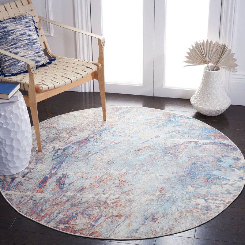 Tapis bleu / rouille à motif abstrait Stefanski, Rond 5 pi