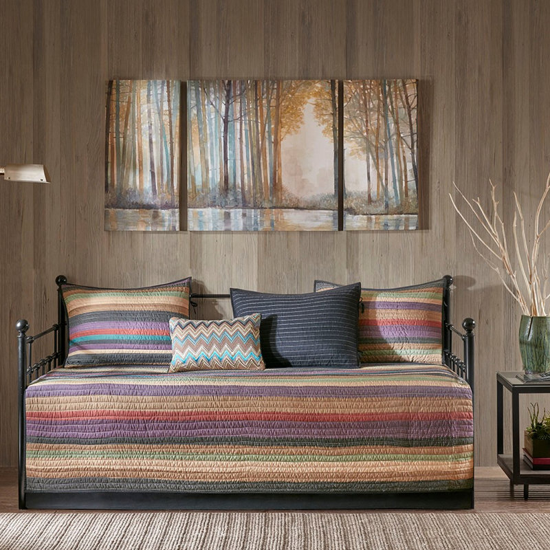Housse de lit de jour 6 pièces, réversible à rayures multicolores, taille matelas simple, comprend la housse, 3 taies d'oreiller, un coussin décoratif, lavable à la machine, motif à rayures, taille adaptée.