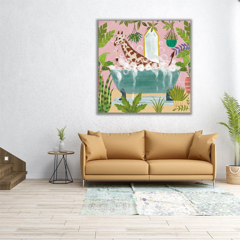 Girafe dans une baignoire - reproduction d'art sur toile, H 40 po x l 40 po