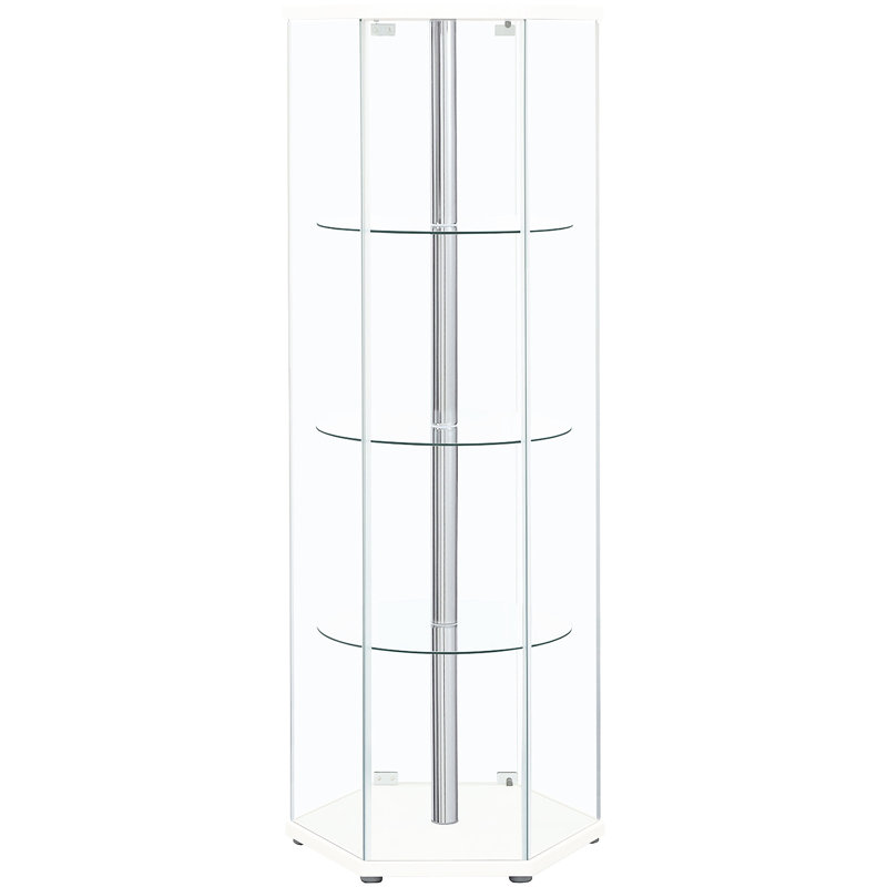 Hexagonal Clear Glass Four - Shelf White Cabinet For A Modern And Elegant Decorative Presentation Tier Curio To Improve Your Display Setup
