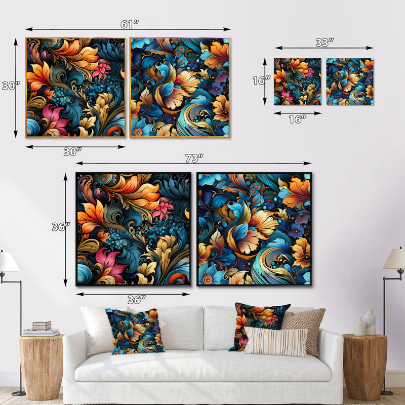 Tenbury - Ensemble de 2 collages floraux et botaniques carrés, Cadre flottant doré, H 36 po x l 73 po