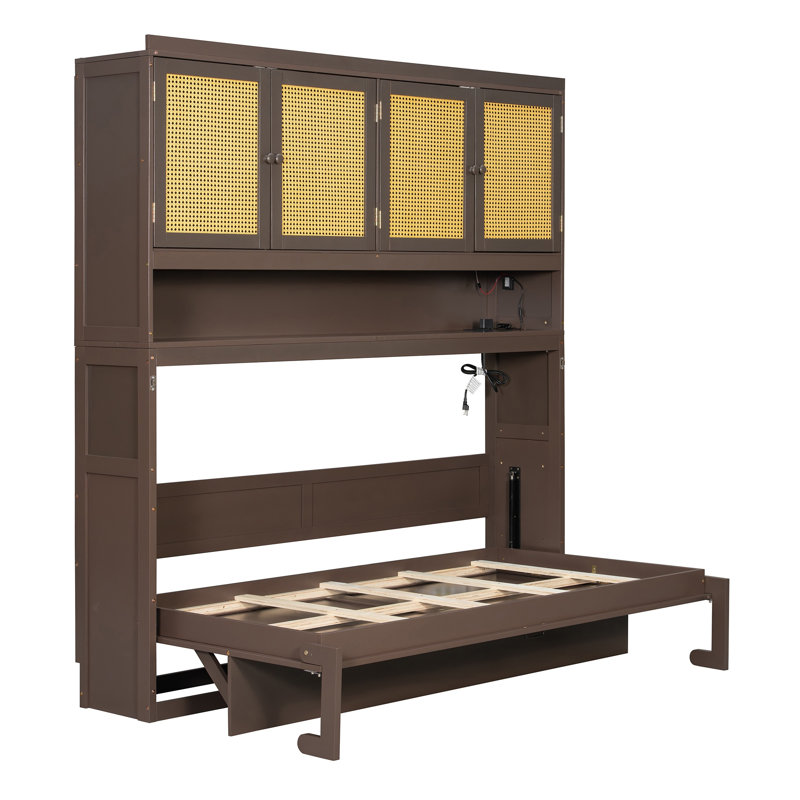 Lit escamotable simple avec armoire de rangement et lumière DEL - Espresso