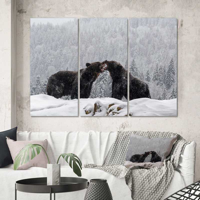 «Two Angry Brown Bear Fight In Winter Forest», reproduction d'art sur toile traditionnelle, H 40 po x l 60 po x P 1 po