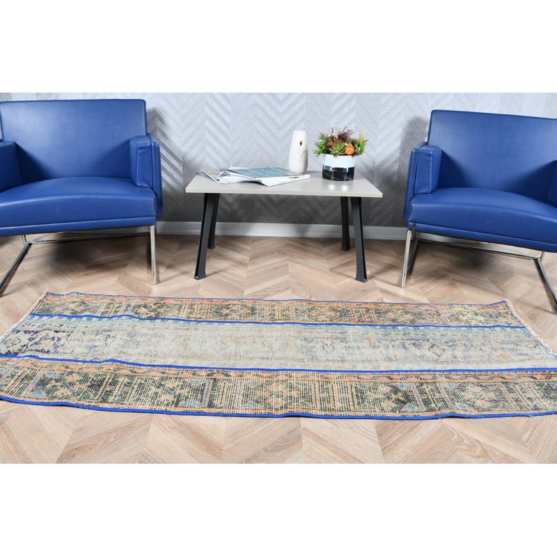 Handwoven Turkish Oushak Runner Rug in Blue for Living Room Decoration and Ideal Gift for Home