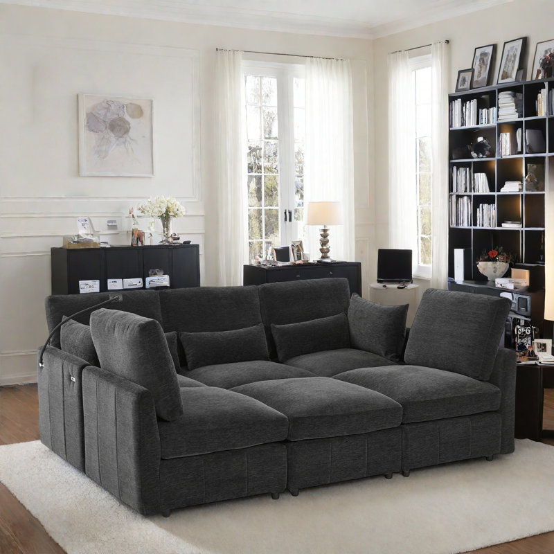 Canapé modulaire moderne avec repose-pieds mobile, 2 ports USB et support pour téléphone, Chenille noir