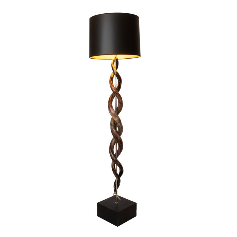 80" Polished Horn Floor Lamp - Embossed Brown Leather Base - Black & Gold Paper Shade