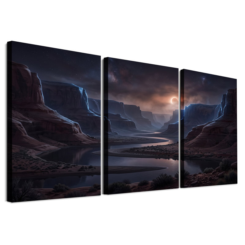 «Desert Canyon River at Eclipse Night», ensemble de 3 toiles murales, H 30 po x l 20 po x 3 pièces