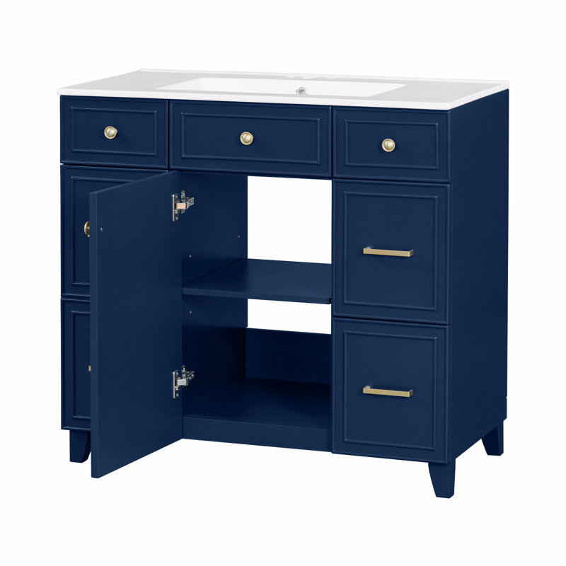 Meuble-lavabo 36 po avec lavabo en céramique, cadre en bois massif bleu, portes à fermeture douce, tablettes réglables, 3 tiroirs, y compris tiroir à double profondeur
