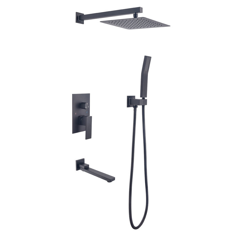 Matte Black Wall Mounted Shower - 10" Rain Head, Brass & Stainless Steel Build, Increasing Technology, Complete Bathroom Kit Head System Black, Quality Steel, Air Injection To Enhance Water ,