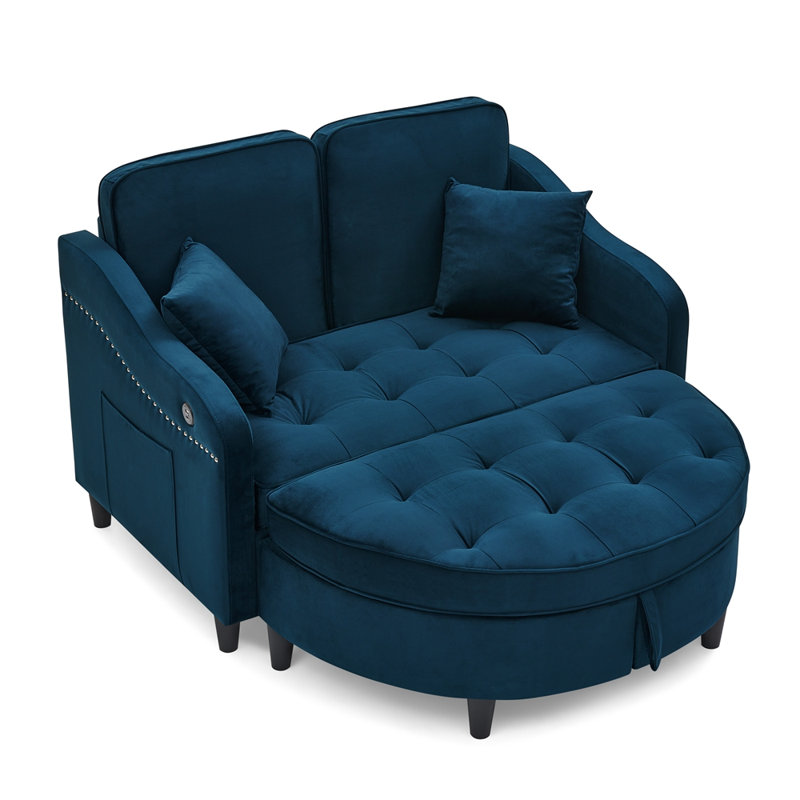 Canapé deux places avec repose-pieds incurvé et port USB pour la recharge, Blue Polyester