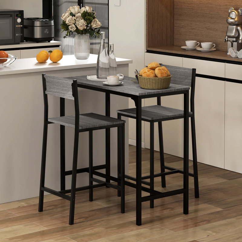 Table de bar et tabourets 3 pièces gris, hauteur de comptoir industrielle pour 2 personnes, chaises compactes grises, petit coin-repas compact