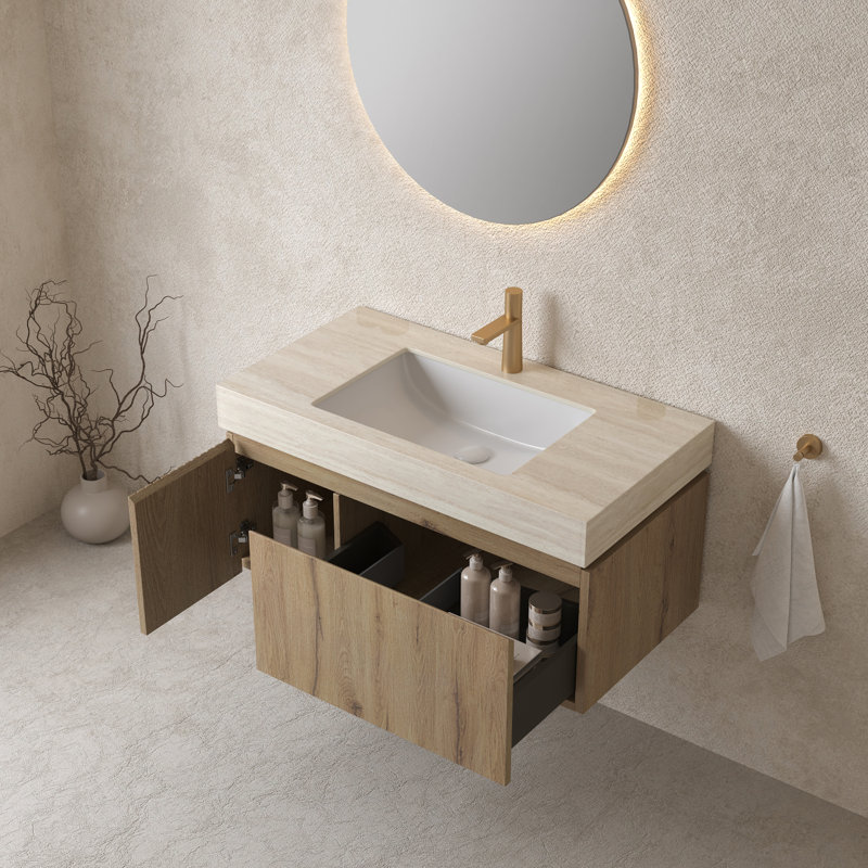 Meuble-lavabo mural 36 po avec lavabo, comptoir en travertin et armoire de rangement 36 po