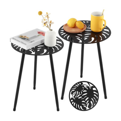 Ensemble de 2 tables d'appoint d'extérieur, tables de bout rondes en métal pour le patio, tables d'appoint résistantes aux intempéries pour le jardin, le balcon, le porche, noir