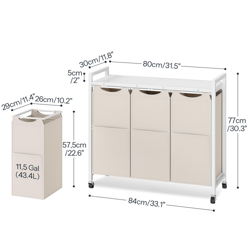 Trieur de linge à 3 sections avec roulettes, sacs amovibles et tablette supérieure, Beige