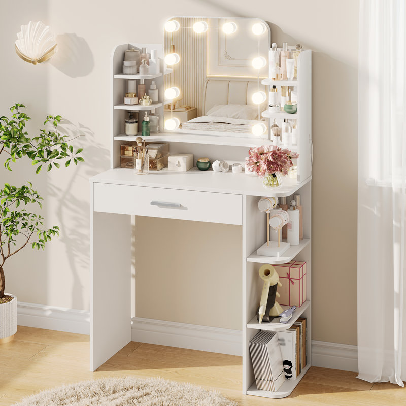 Narien Makeup Vanity With LED Lighted Mirror & Power Outlet for Bedroom, White
