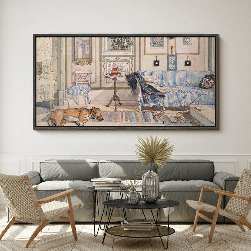 Intérieur douillet avec chien endormi, reproduction sur toile, H 30 po x l 60 po, Noir