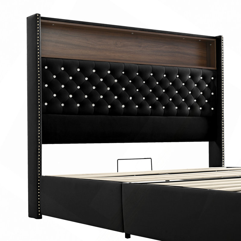 Structure de lit moelleuse en velours avec port USB et veilleuse, tête de lit 52 po avec rivets, lit plateforme à oreilles avec tablette de tête de lit