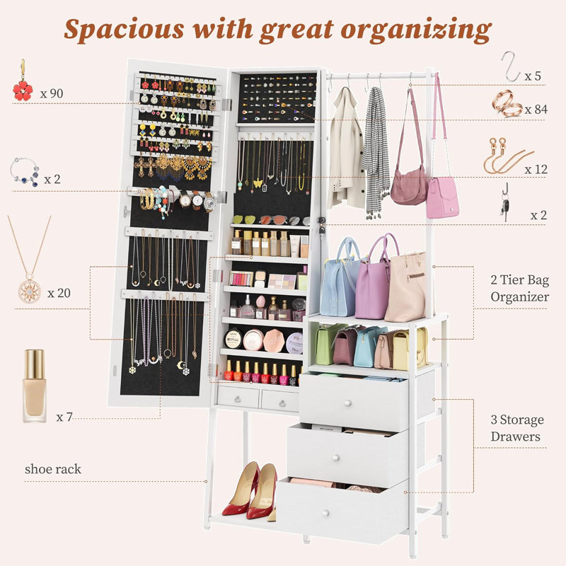 Jakyitvi Jewelry Cabinet with 3 Drawers, Jewelry Armoire Organizer with Shelves for Handbags Shoes, Standing Jewelry Cabinet with Clothes Rack for Coat, Full Length with Storage for Women (White)